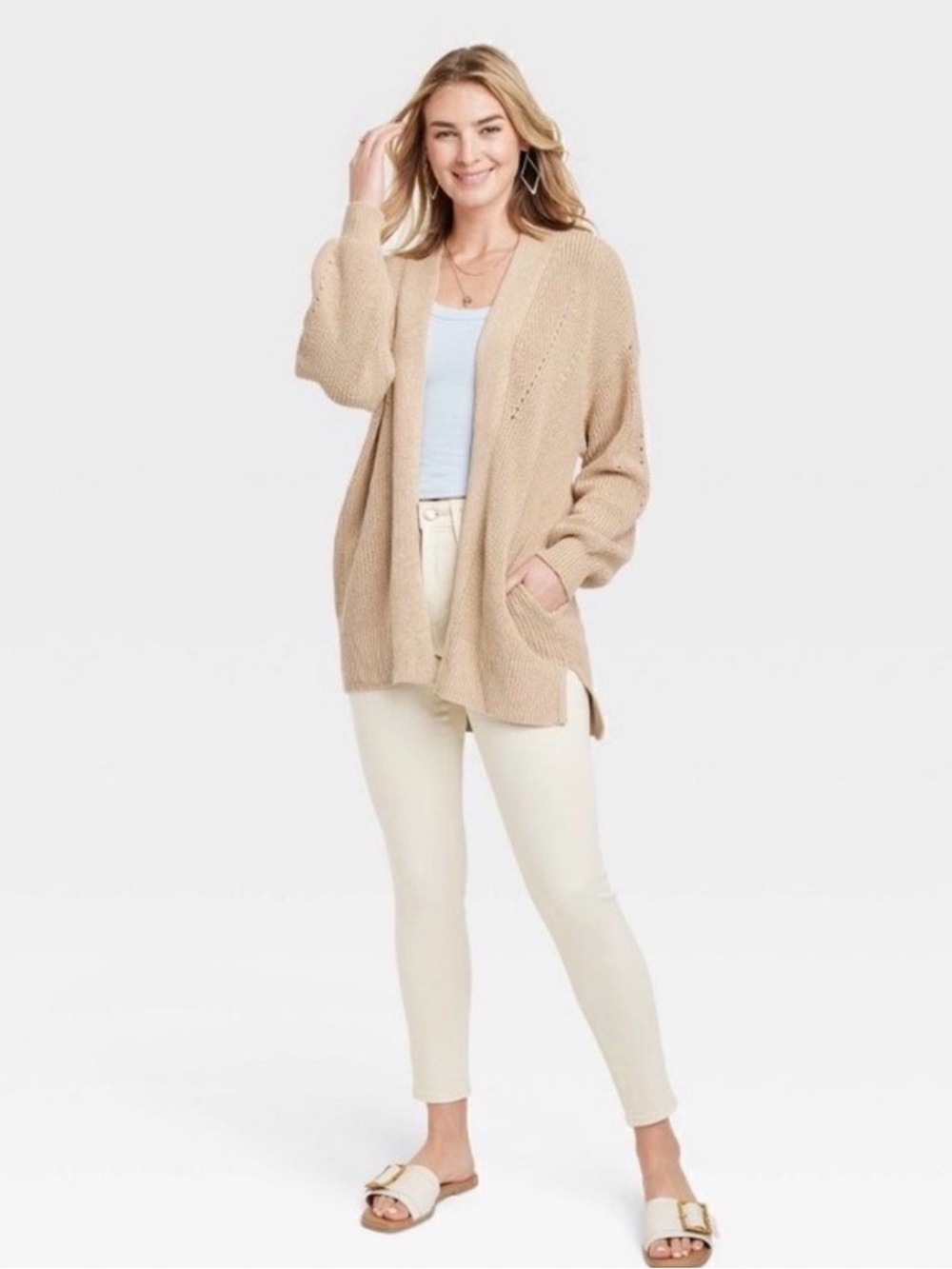 Universal Thread Tan Ivory Heather
Medium Knit Open Front Slouchy Side Seam Pock